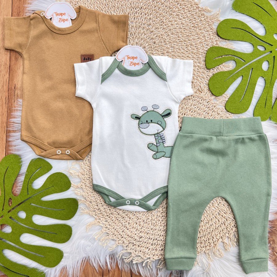 Conj. de Malha 3 peças - Girafinha - Off White, Verde e Caramelo